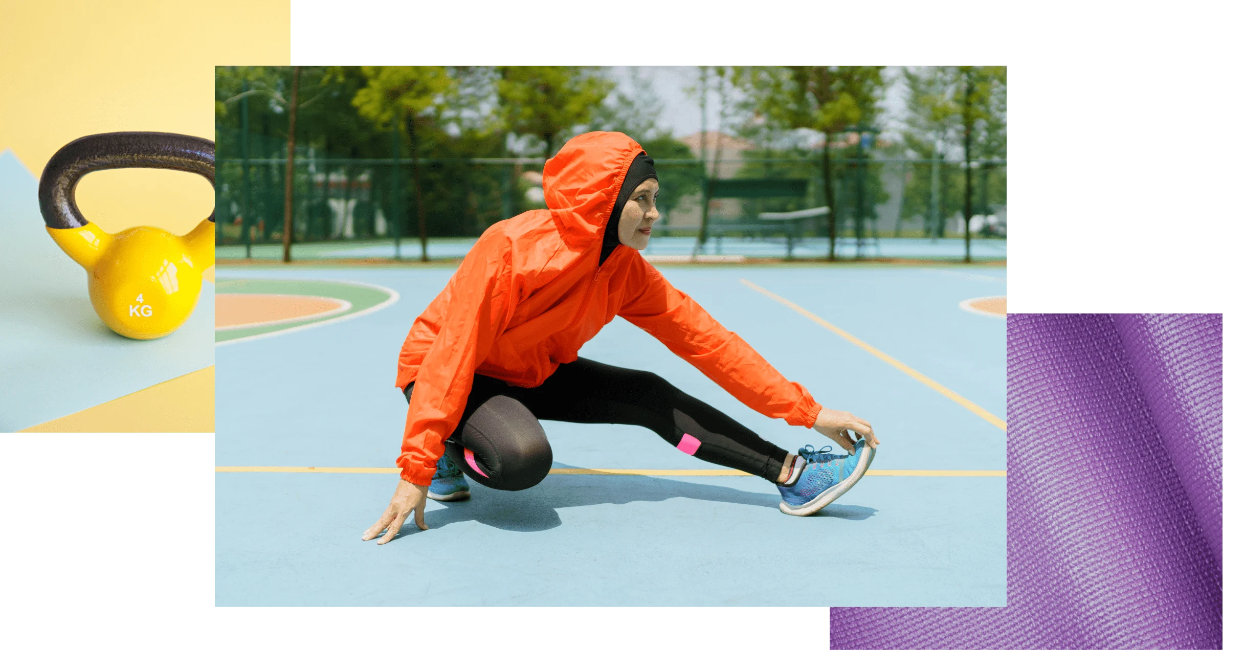 Una kettlebell di colore giallo intenso con una maniglia in ghisa, una donna con una giacca antivento arancione che fa stretching e un tappetino da yoga viola