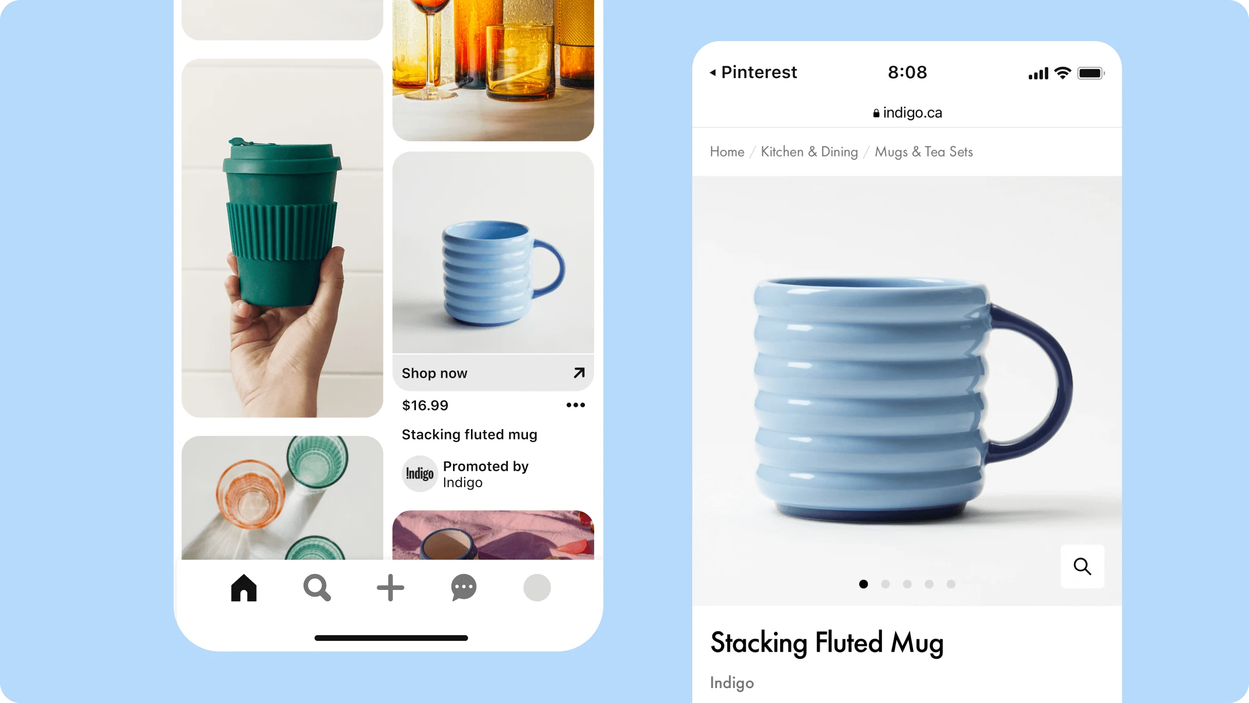 Two mobile phone screens, the first featuring an ad on Pinterest for a blue coffee mug.  The second screen shows the clickthrough site where you can buy the mug.