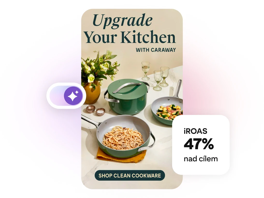 Zelené nádobí s nápisem Upgrade Your Kitchen with Caraway, štítkem ROAS 47 % nad cílem a fialovým odznakem AI powered
