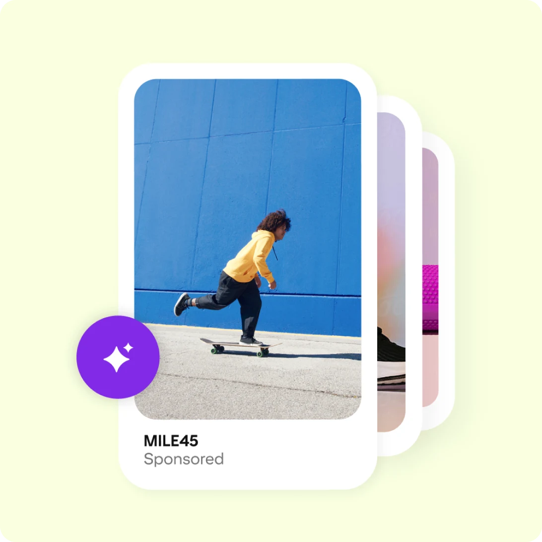 There’s a stack of Pinterest ads. The top one shows a person skateboarding in front of a blue building. It’s accompanied by a purple and white star graphic.