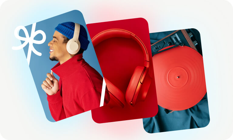 Collage of three Pins including a man wearing a red sweater, a pair of red headphones, and a red record. 