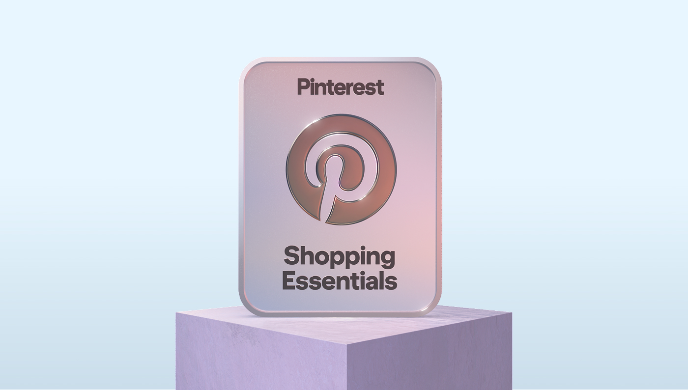 Pinterest “Shopping Essentials” badge with the Pinterest logo, standing on a pastel block.