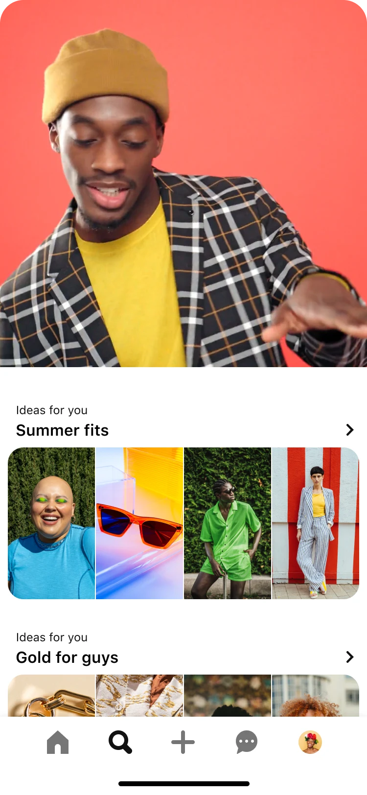 A Premiere Spotlight ad on the Pinterest app that says, "Promoted by Bluxome. Look good. Everywhere." Ad shows a visit site CTA next to a man wearing a yellow outfit. Below, there are related Pins showing "Summer fits."