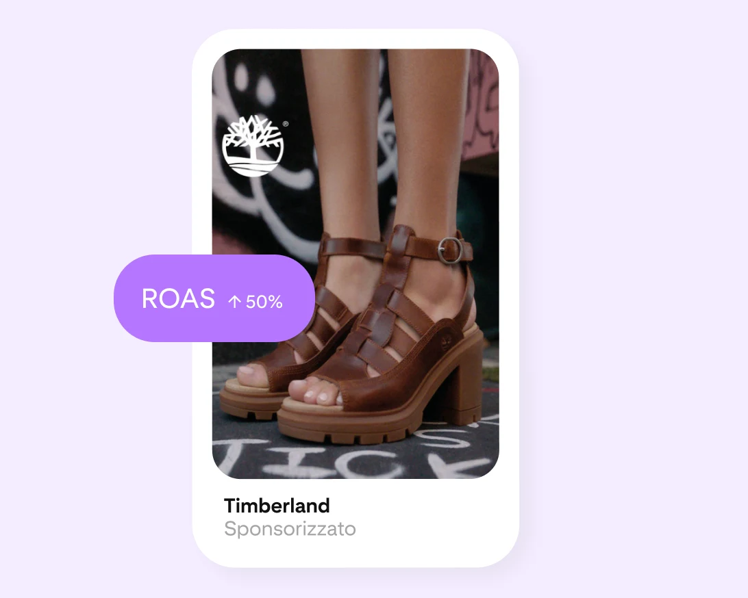 Annuncio di Timberland che mostra le gambe di una donna che indossa dei sandali marroni col tacco. È presente anche un'etichetta viola che indica un aumento del ROAS del 50%.