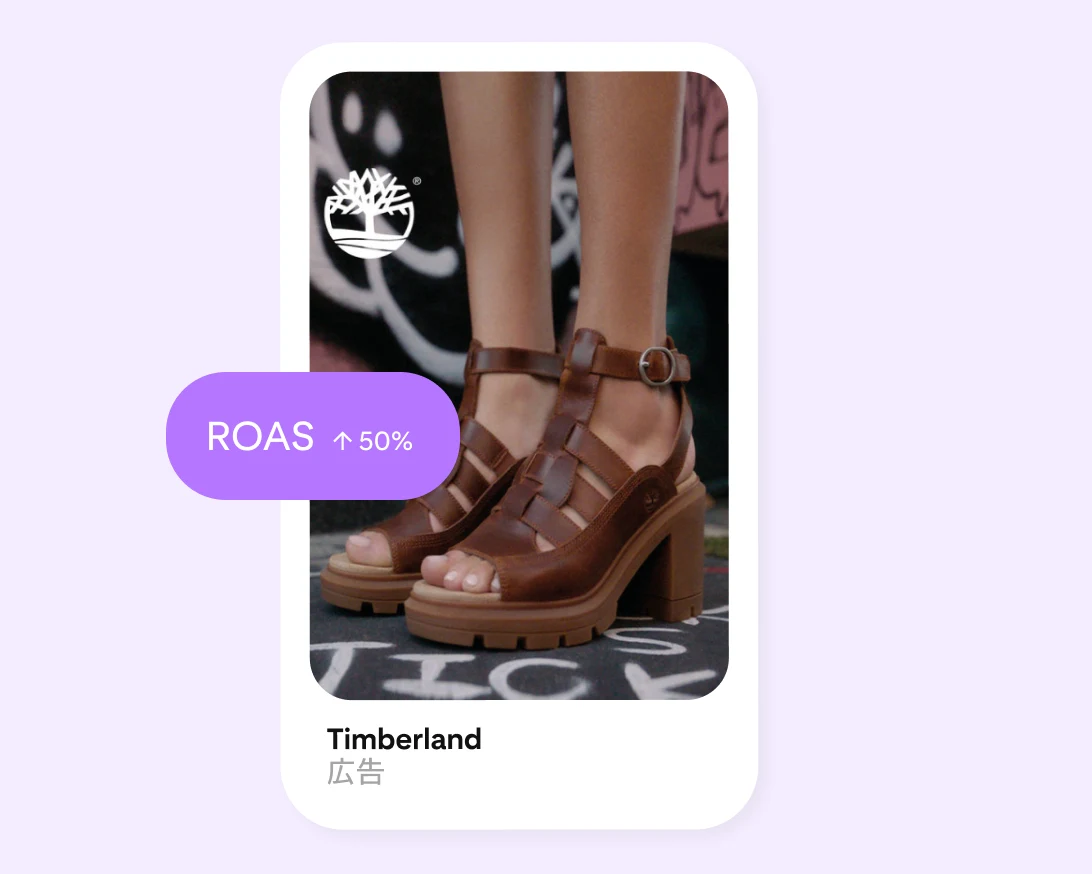 Timberland の広告には、茶色のヒールサンダルを履いた女性の足が表示されています。ROAS が 50% 増加したことを示す紫色のラベルも添えられています。