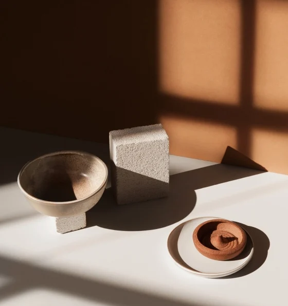 Tigelas de cerâmica e um bloco de cimento pequeno dispostos com uma iluminação sombria