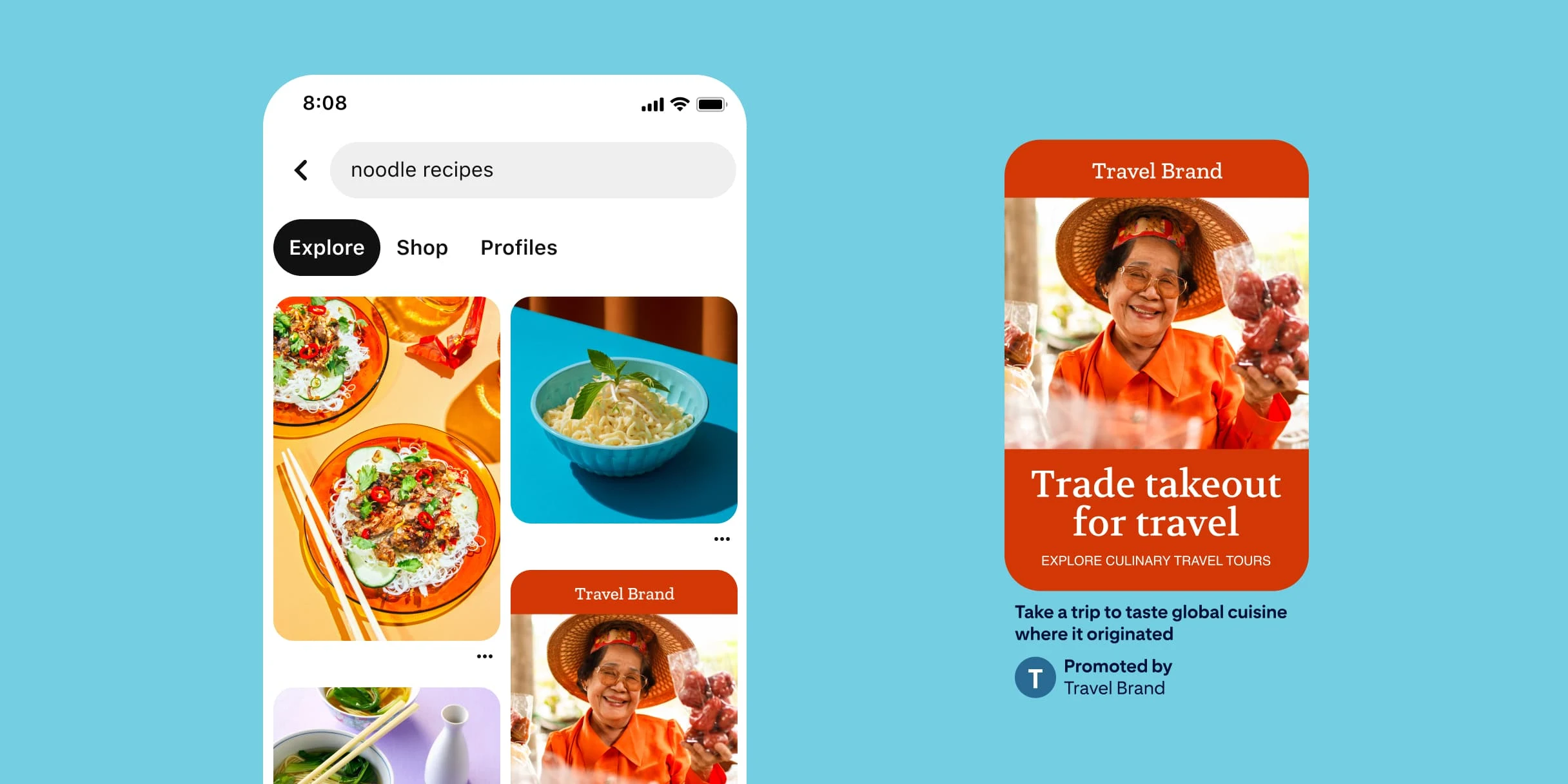 Pinterest search term for noodle recipes. Aerial view of an orange plate with rice noodles and beef on top. A blue bowl with plain noodles topped with sprouts and a mint leaf. A bowl of noodle soup with bok choy leaves and a pair of chopsticks. A Pin showcasing a smiling East Asian woman holding bags of red peppers. The text reads, ‘Trade takeaway for travel. Explore culinary travel tours’. The description underneath reads, ‘Take a trip to explore global cuisine where it originated’.