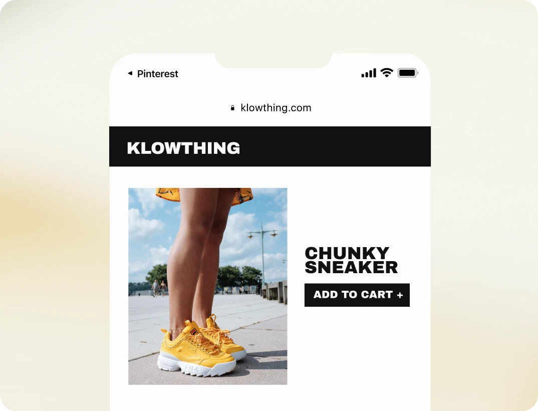 An image of a retailer’s website (called Klowthing) features a pair of yellow chunky trainers with an “Add to basket” button underneath it. 