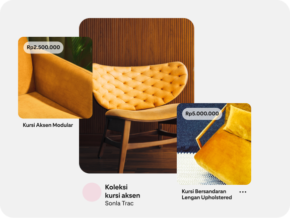 Iklan koleksi menampilkan beberapa kursi kuning, dengan info harga. 