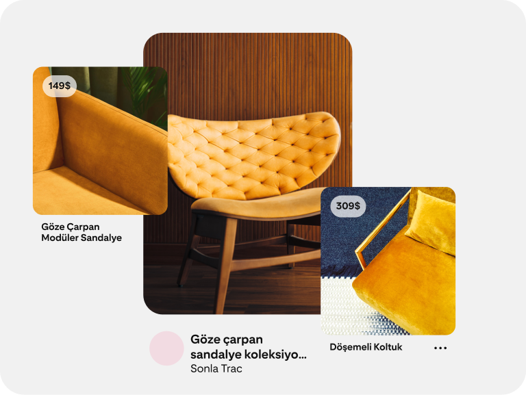 Bir koleksiyon reklamında, fiyat hakkında bilgi içeren birden fazla sarı koltuk gösteriliyor. 
