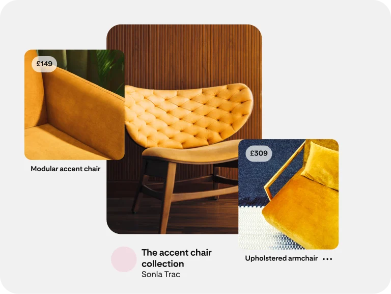 A collections ad shows multiple yellow chairs, with info about pricing. 