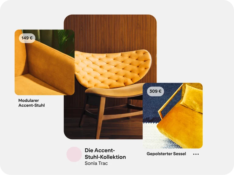 Eine Collections Ad zeigt mehrere gelbe Stühle mit Preisinformationen. 