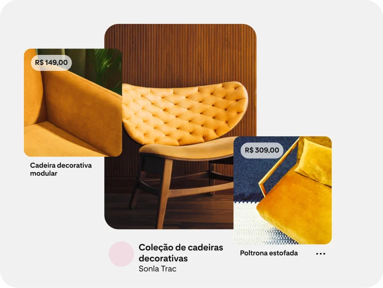 Anúncio de coleções mostra diversas cadeiras amarelas com informações sobre os preços. 