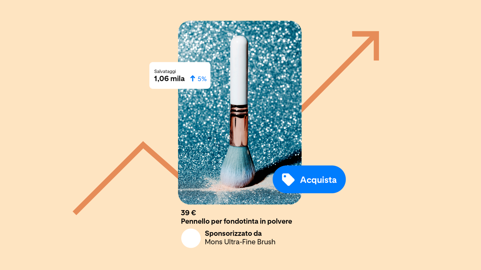 Un Pin di un pennello da trucco blu. Il Pin è su uno sfondo arancione con una freccia, posizionata dietro il Pin e simbolo di crescita. C'è il pulsante "Shop" ("Acquista") e un riquadro che indica il numero di salvataggi del Pin.