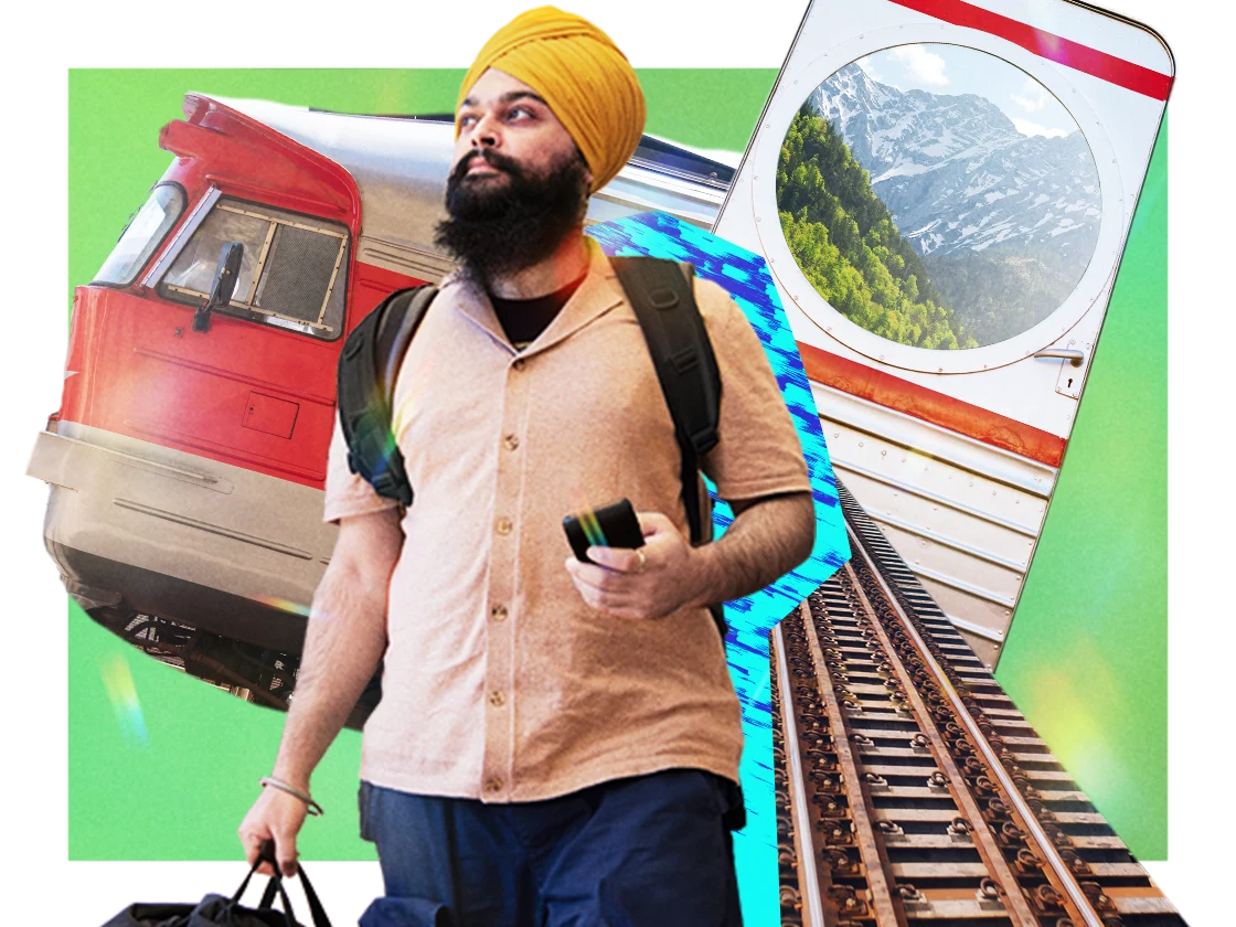 Collage featuring a Sikh man wearing a backpack, surrounded by deconstructed train tracks, a window view of a mountainscape and the caboose of a passenger train.
