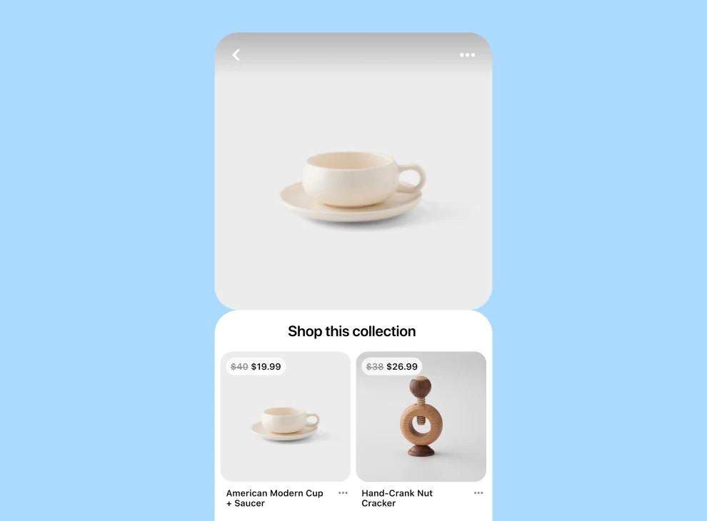 Collection Pin showing a white cup and saucer above two images of the cup and saucer and hand-crank nut cracker, including product details