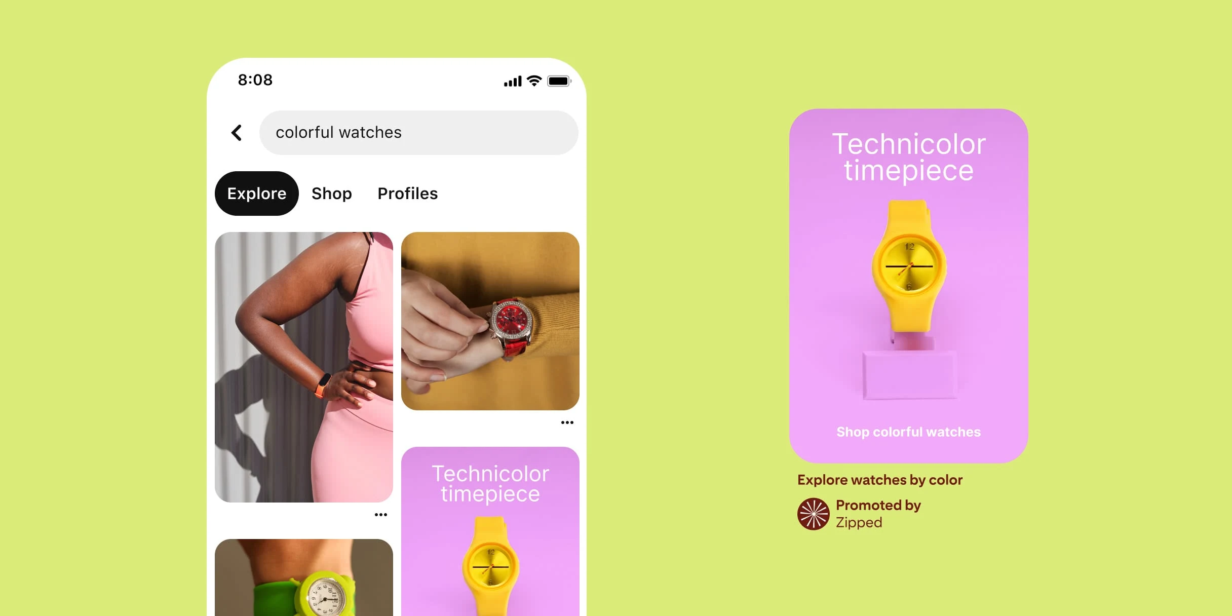 Pinterest search results for colorful watches. Black woman in pink with a hand on her hip, pink wrist watch. White hands, one with red wristwatch, the other with a green one. Pin of a yellow watch against a purple background with the words, technicolor timepiece above. Under, the words shop colorful watches. Description reads explore watches by color.