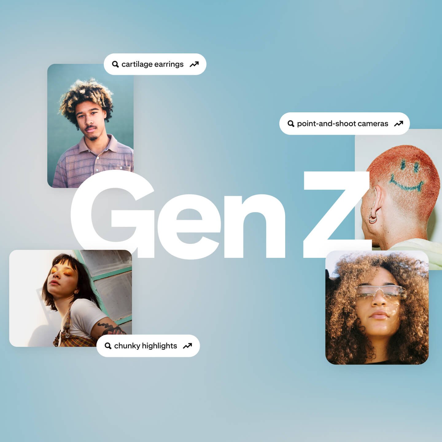 Images of four Gen Zs on a light blue background, with examples of trending search terms.