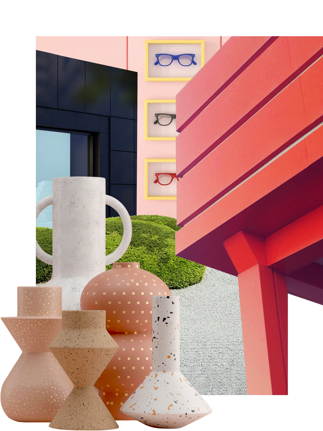 Collage of store-related items. Angular black store front in the back left. Bright red angular balcony at right. Wall of glasses in yellow picture frames in back. Rounded and angular vases at left, rounded green bushes behind them.
