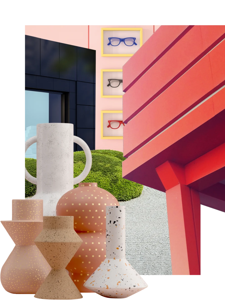 Collage of shop-related items. An angular black shopfront is at the back on the left. A bright red angular balcony is on the right, with a wall of glasses in yellow picture frames at the back. Rounded and angular vases are on the left with rounded green bushes behind them.
