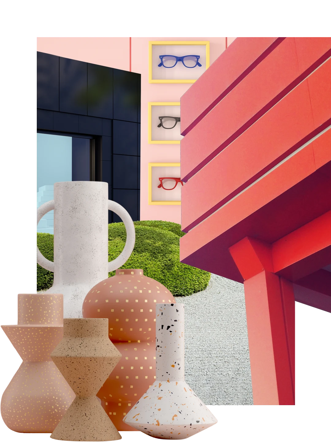 Collage of shop-related items. An angular black shopfront is at the back on the left. A bright red angular balcony is on the right, with a wall of glasses in yellow picture frames at the back. Rounded and angular vases are on the left with rounded green bushes behind them.
