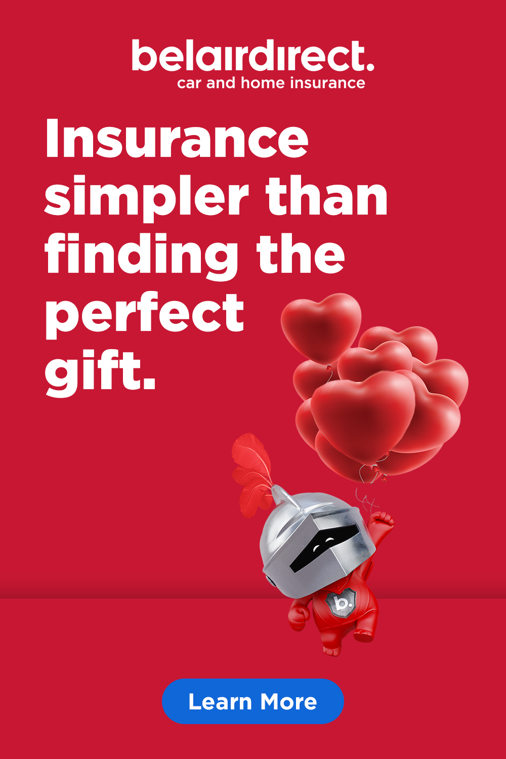 belairdirect static ad with "Learn More" button saying "belairdirect. car and home insurance. insurance simpler than finding the perfect gift."