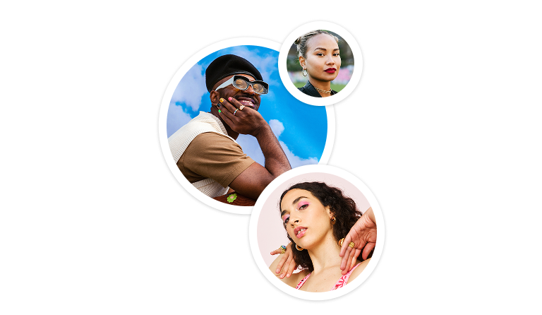 Three circular portraits of people posing, each with colorful backgrounds and accessories