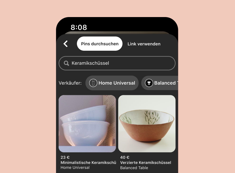 Suchergebnisse auf Mobilgerät, dunkler Hintergrund, für Keramikschüssel sowie zwei weiße Schüsseln und eine braune mit Blumenmuster
