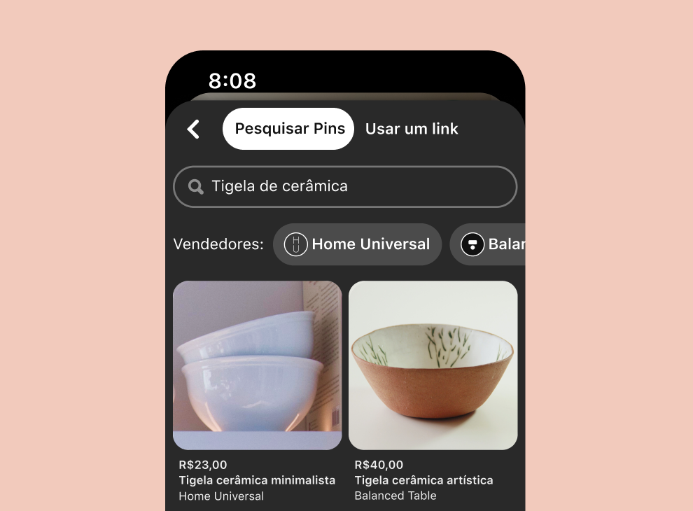 Resultados de pesquisa para "tigela de cerâmica" em dispositivo móvel num fundo escuro, inclusive duas tigelas brancas e uma tigela marrom com interior floral
