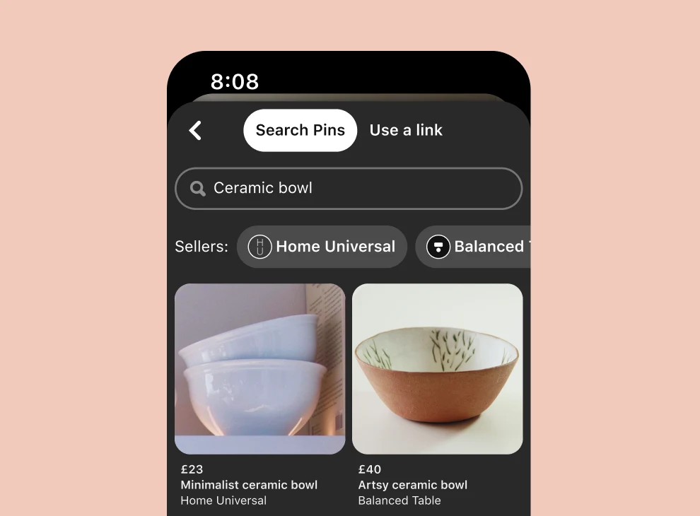 Mobile search results on a dark background for ‘ceramic bowl’, including two white bowls and a brown bowl with a floral interior