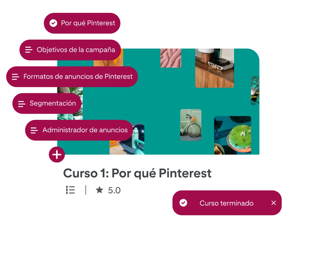 Una versión simplificada de la pantalla del curso de Pinterest Academy llamado "Curso 1: Por qué Pinterest" con 6 burbujas de texto apiladas del lado izquierdo, todas con diferentes lecciones del curso.  