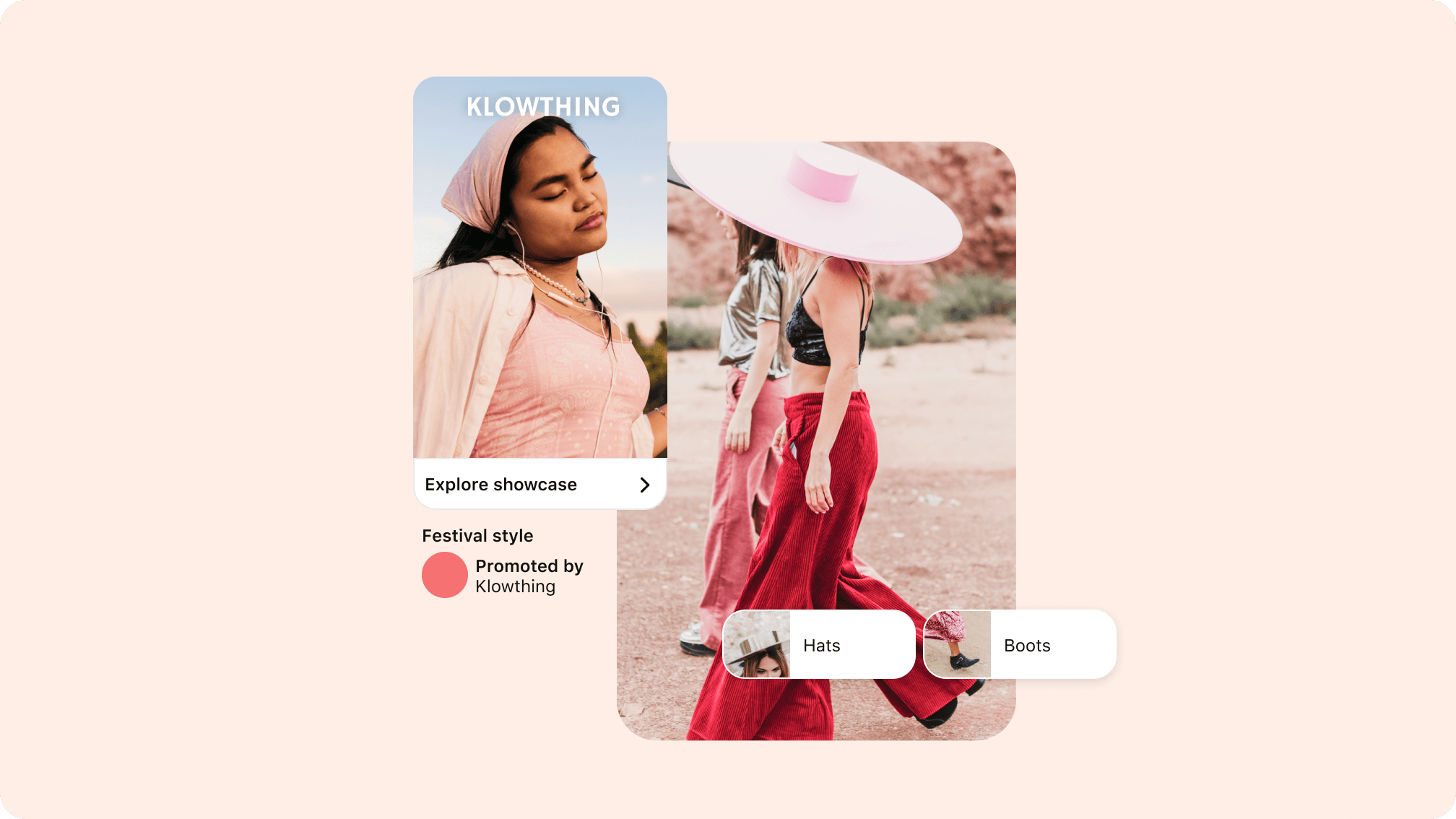 A showcase ad featuring a woman in a pink tank top listening to music, along with a separate image of two people walking, one wearing a wide brimmed pink hat. Both images are set against a peach background.