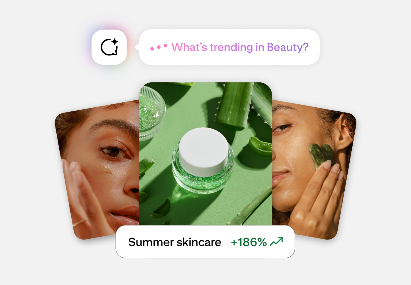 Business Assistant trend insight card highlighting ‘Summer skincare +186%’ with images of a face mask and a skincare jar on a green background.