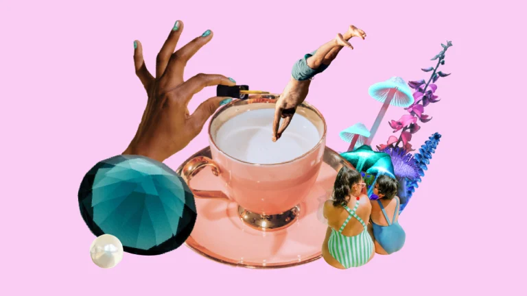 A bright collage featuring a Black hand holding a nail polish brush, a white man diving into a teacup, a woman and child in swimsuits and other deconstructed items such as gemstones and a mushroom plant are placed throughout.
