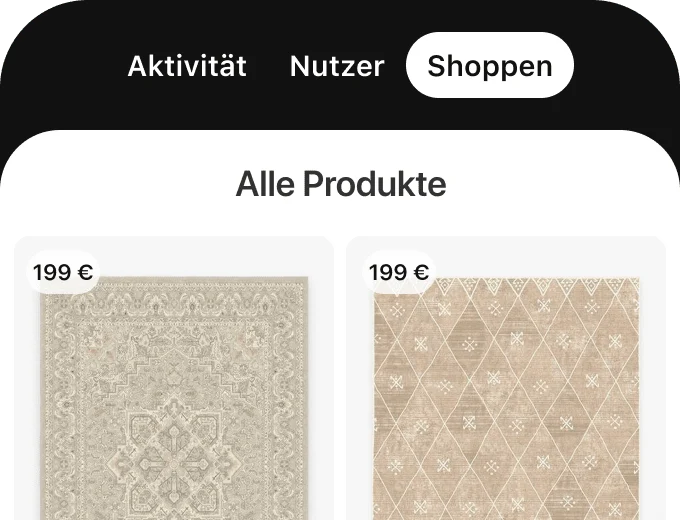 Shoppen-Tab in mobiler Pinterest-Ansicht mit zwei Teppichen, die gekauft werden können