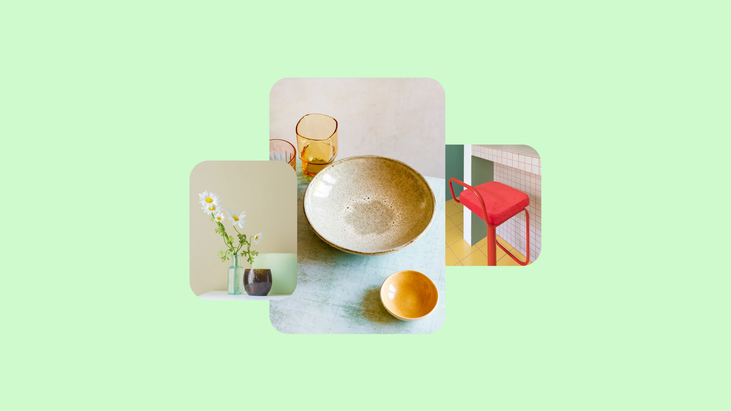 Três imagens sobre um fundo verde-limão. À esquerda, uma foto de margaridas em um vaso transparente. No meio, uma vasilha de cerâmica e copos e, na extrema direita, a imagem de uma cadeira vermelha em uma bancada.