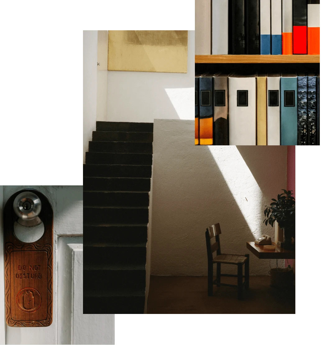 Image cluster featuring: close up of white door with brown wooden “do not disturb” sign, stairs and wooden desk with sliver of light drenching the room and two shelves of books with colorful spines. 