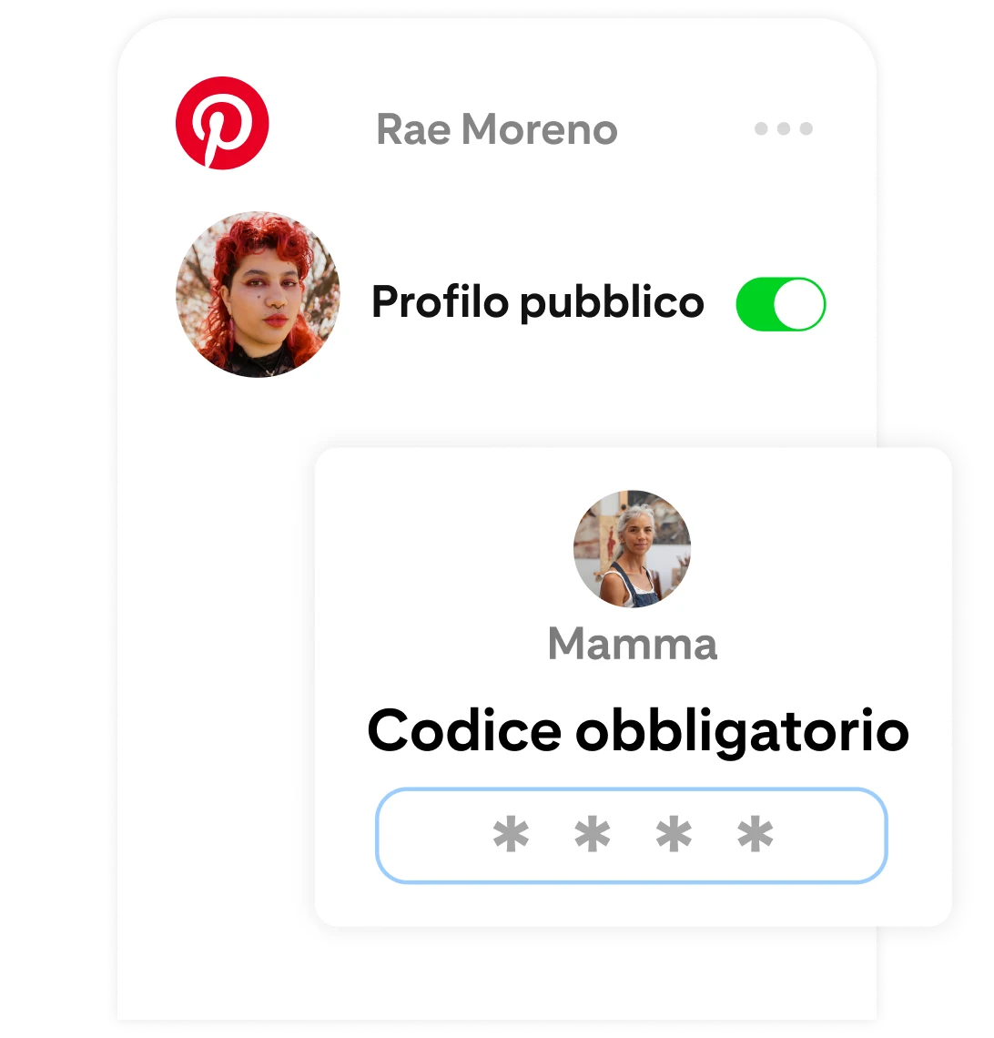 Pagina delle impostazioni di Pinterest di Andrea Moreno, dove è attivata l'opzione "Profilo pubblico", ma richiede a un genitore di inserire un codice per confermare la modifica.