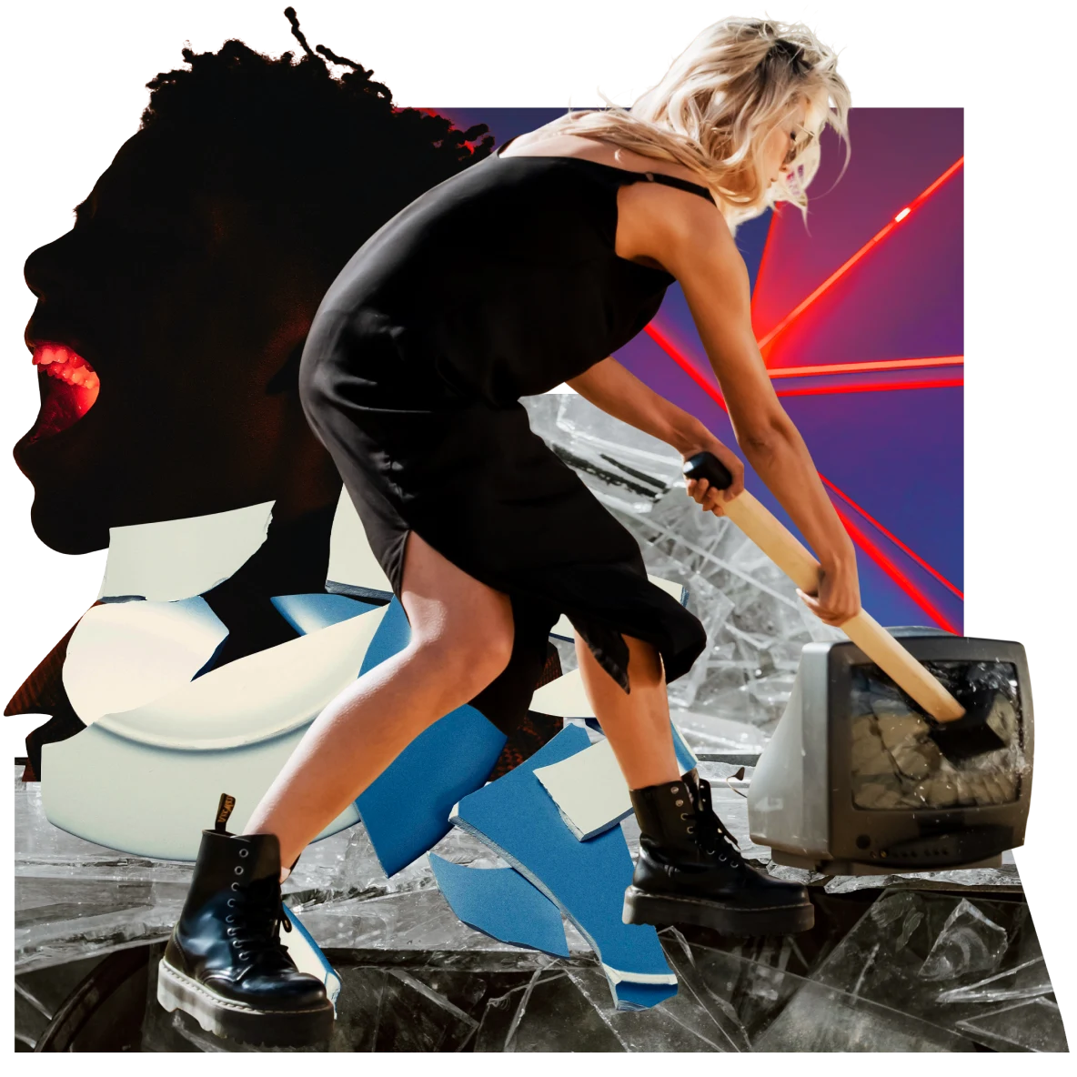 White woman with long blonde hair in a black dress and black combat boots. She bends to smash a sledgehammer through a small TV screen. Silhouette of someone yelling on the left. Backdrop of shards of navy blue, purple, white and red.