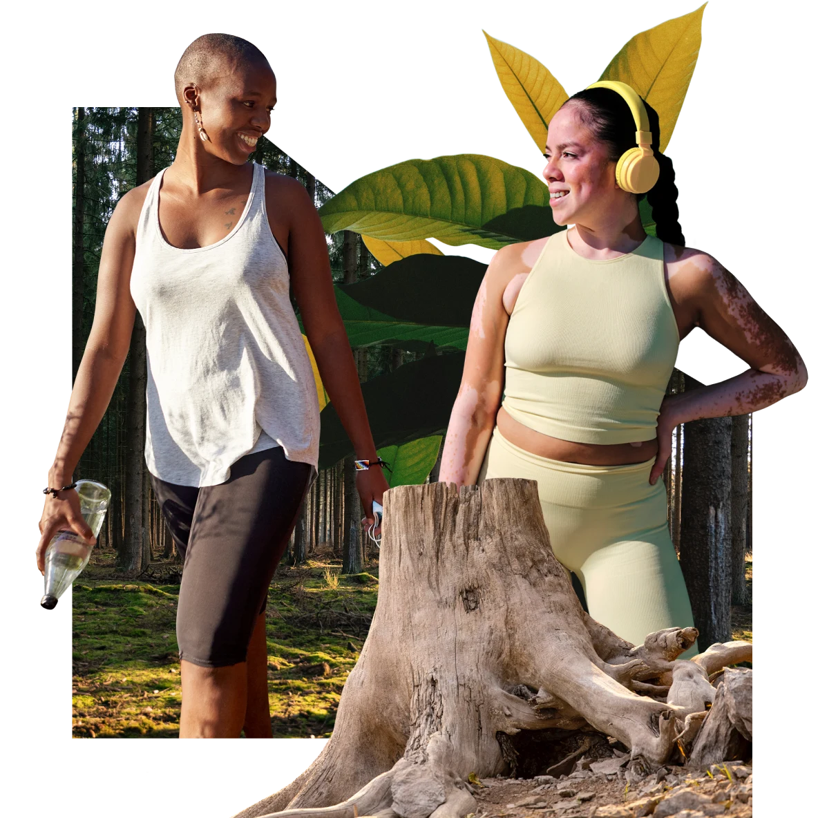At left, smiling Black woman walks in exercise clothes, holding a bottle of water. At right, white woman in exercise clothes and headphones. Tree trunk in the foreground, plants and forest in the background.
