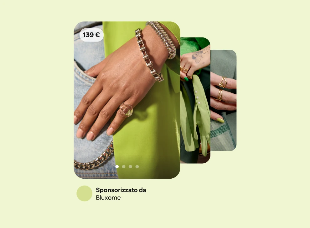 Tre annunci sovrapposti che pubblicizzano accessori Bluxome su sfondo verde; ciascuno mostra accessori moda diversi.