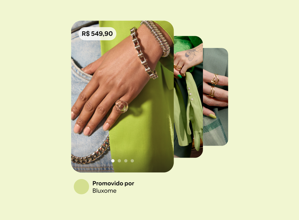 Três anúncios em cascata da Bluxome exibidos em um fundo verde, cada um apresentando diferentes acessórios de moda.<br />