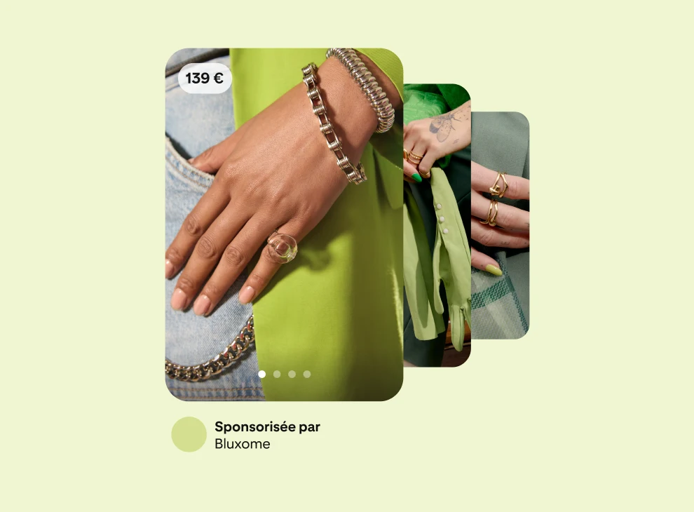 Trois publicités pour des accessoires Bluxome qui se chevauchent sur un fond vert. Chacune d’entre elles montre un accessoire différent.