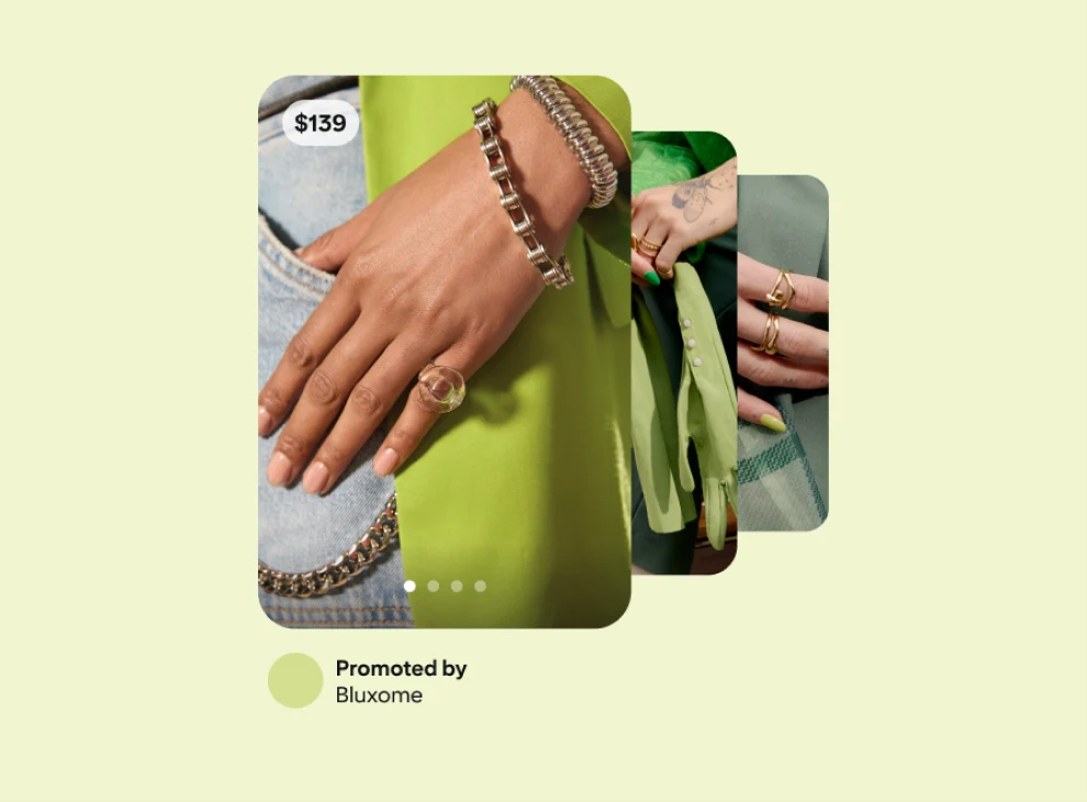 Three cascading advertisements for Bluxome accessories displayed on a green background, each showcasing different fashion accessories.