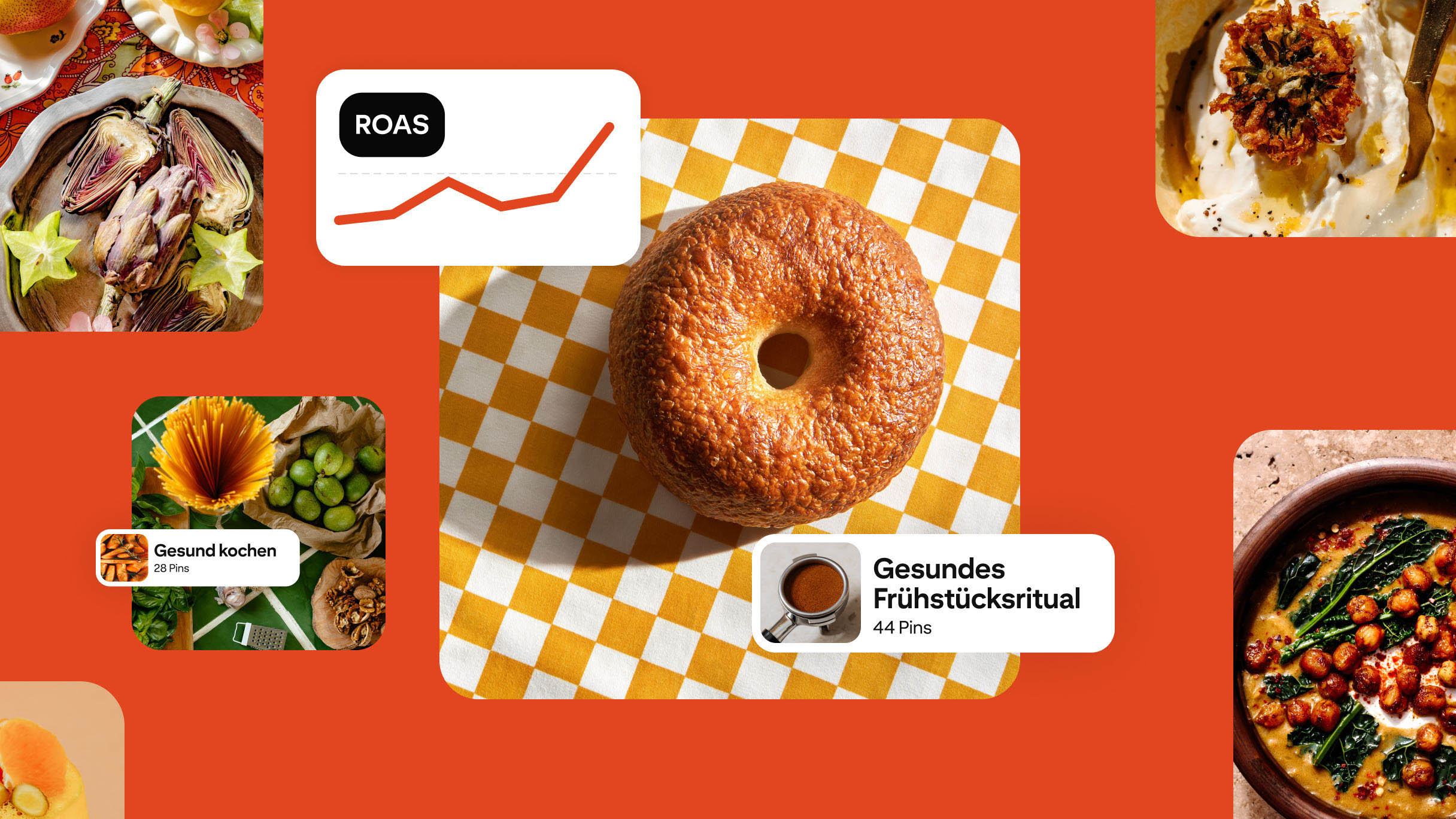 Collage mit Bagel auf gelb-weiß kariertem Tuch, Food-Fotos und Pinterest-Elementen wie „ROAS“, „Gesund kochen“ und „Gesundes Frühstücksritual“ auf orangem Hintergrund.
