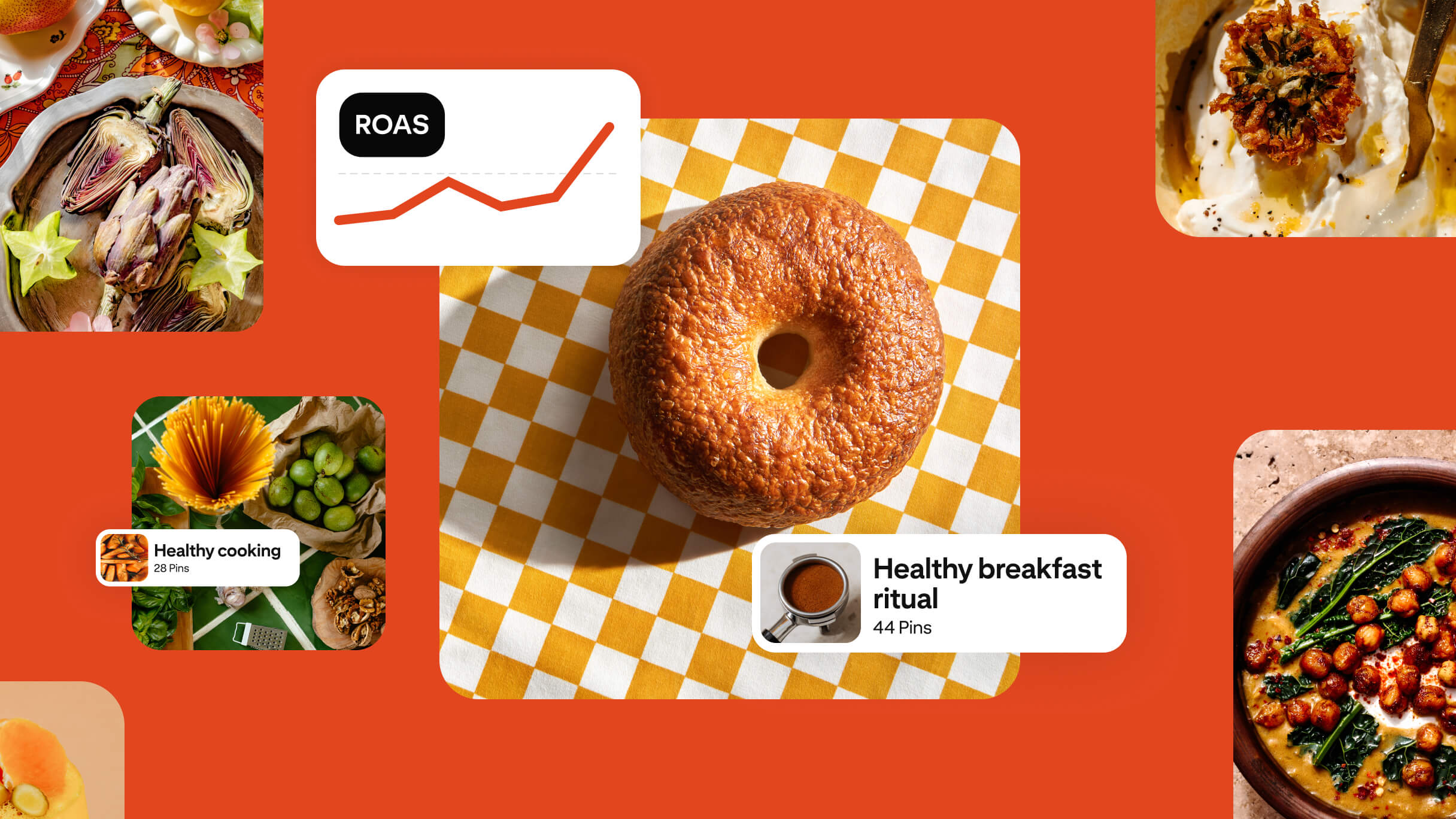 Collage on an orange background featuring a bagel on a yellow-and-white checkered cloth, food photography, and Pinterest-style labels reading “ROAS,” “Healthy cooking,” and “Healthy breakfast ritual.”