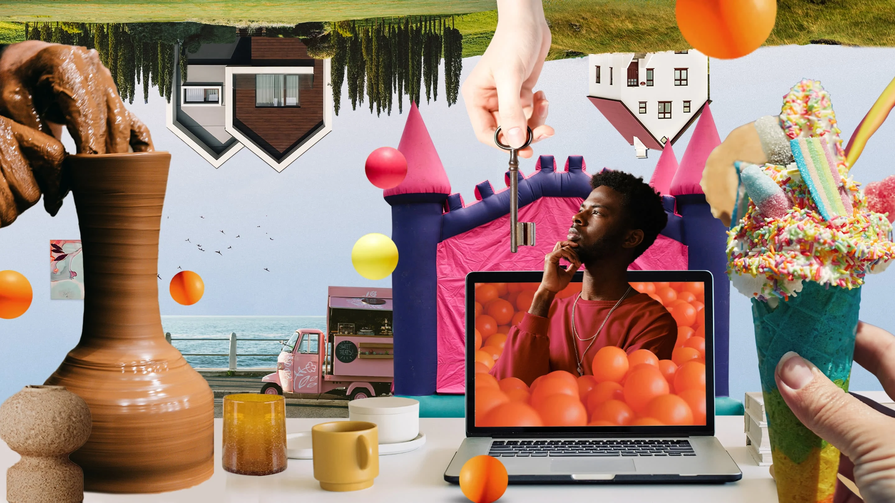 Colorful collage: upside down countryside at top. Hands molding a vase at left. Colorful ice cream and sprinkles with blue cone at right. Black man in a red shirt ponders as a key is handed down to him from top.