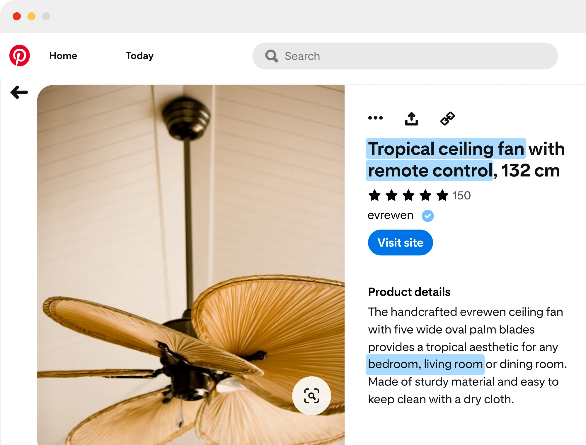 An advertisement for a tropical ceiling fan displayed on a computer screen within Pinterest. The ad highlights specific keywords that describe features of the fan to emphasise the importance of keywords in product feeds. 