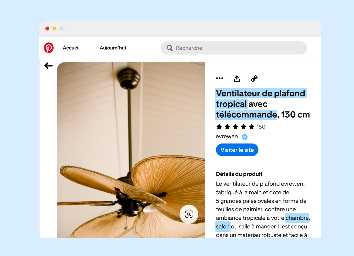 Une annonce pour un ventilateur de plafond tropical sur Pinterest, affichée sur un écran d’ordinateur. On y voit plusieurs mots-clés relatifs aux caractéristiques du ventilateur surlignés, montrant l’importance des mots-clés dans les pages de produits. 