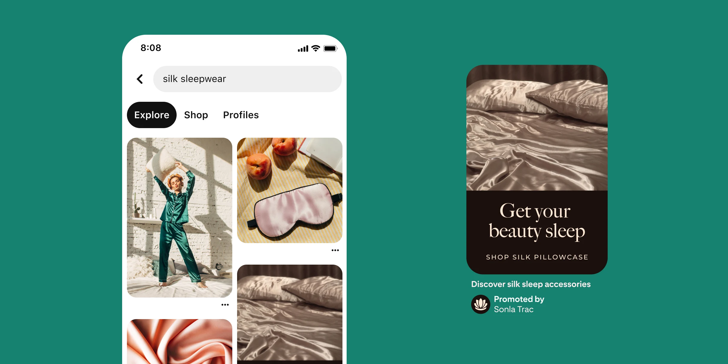 Pinterest search results for silk sleepwear. A white woman in green silk pyjamas, a white brick wall in the background. A pink sleep mask on a yellow striped mat with two peaches. A swirl of pink silk. A Pin of golden silk sheets and pillowcases on a bed. The text reads, ‘Get your beauty sleep – Shop silk pillowcase’. The description reads, ‘Discover silk sleep accessories’.